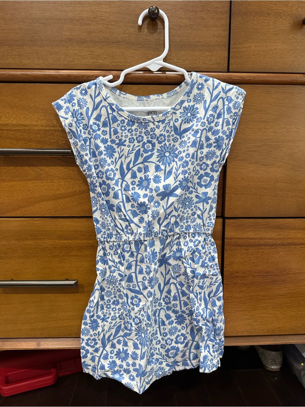 Girls' White & Blue Floral Elastic-Waist Casual Dress